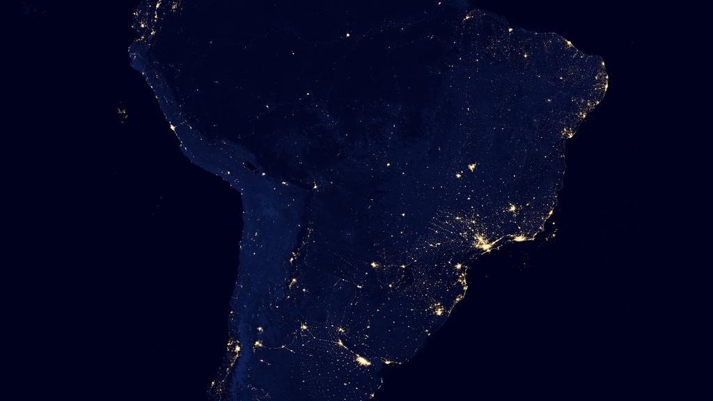 NASA nighttime satellite photograph of South America