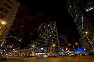 Fairmont Waterfront hotel exterior, illuminated with heart motifs