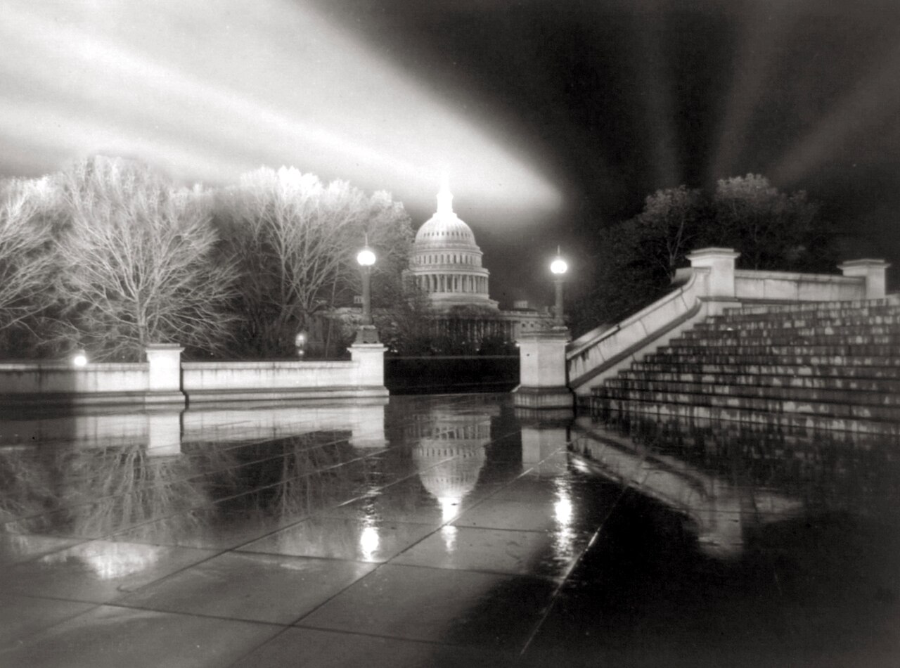 The United States Capitol at night, historical photograph from 1921.